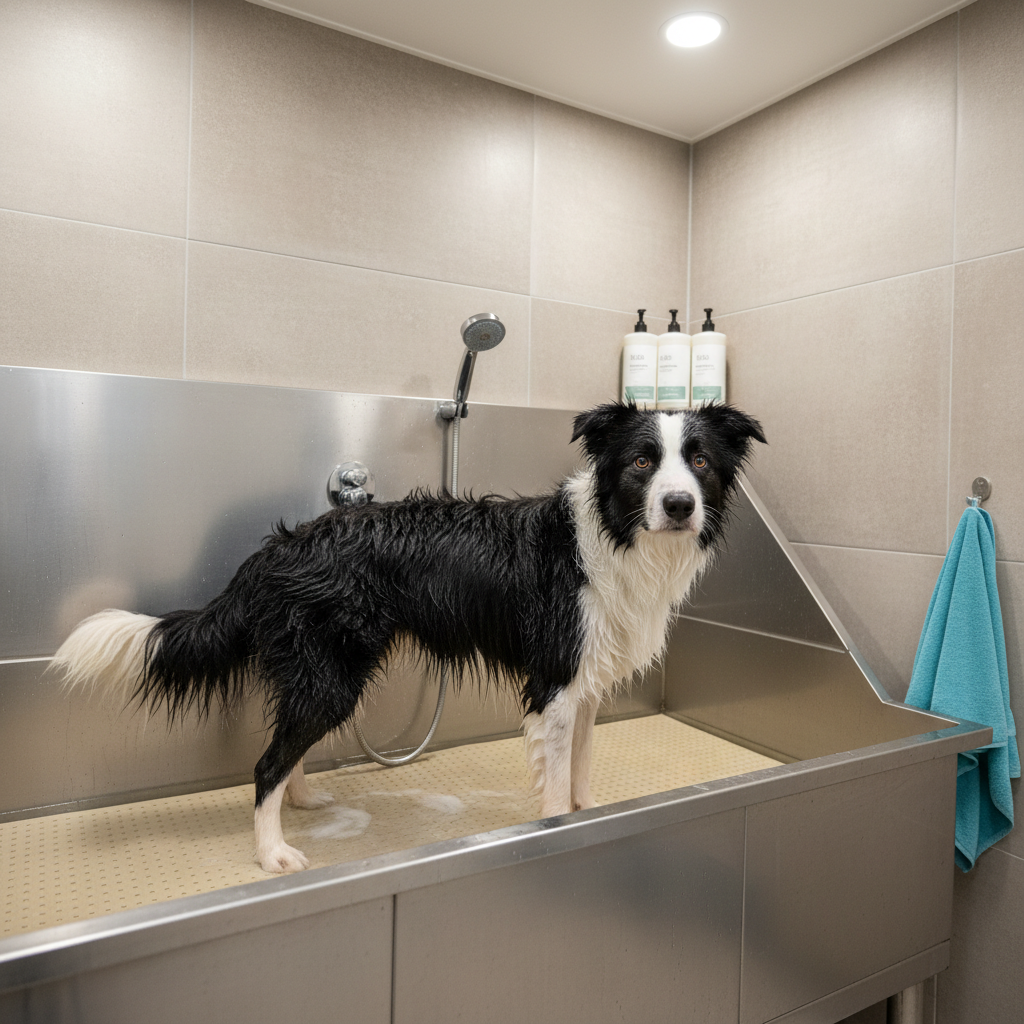 A tidy, stainless-steel dog bath filled with a shallow layer of clear, warm water, where a medium-haired border collie stands calmly on a textured, non-slip mat. The dog’s coat is wet but not dripping, with visible soap suds only on the lower legs and tail, emphasizing a gentle, staged bathing moment rather than chaos. Behind the bath, a tiled wall in neutral tones features a mounted handheld sprayer, organized bottles of gentle dog shampoo, and a soft, hanging microfiber towel. Overhead, bright but soft artificial lighting creates even illumination without glare, while the camera captures the scene from a three-quarter angle, showing both the dog and the tidy setup. The photographic realism and clean composition convey professionalism, hygiene, and a relaxed grooming process.