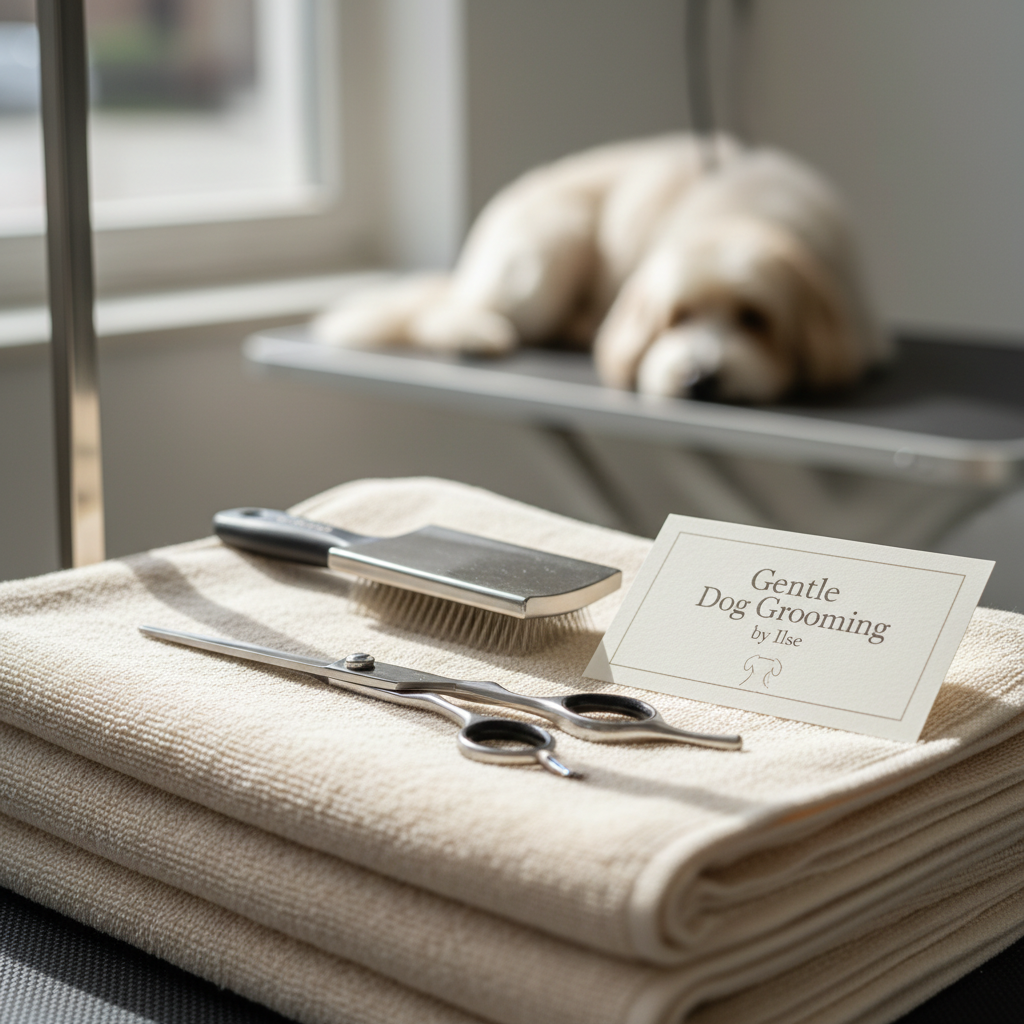 A close-up, over-the-shoulder style view focused on a pair of high-quality, stainless-steel dog grooming scissors and a slicker brush resting neatly on a folded stack of plush, cream-colored towels. Beside them lies a printed appointment card with the logo “Gentle Dog Grooming by Ilse” and a subtle outline of a dog silhouette. The background reveals a softly blurred grooming station with a calm dog shape slightly out of focus, maintaining anonymity. Soft, natural window light from the left creates delicate reflections on the metal tools and gentle shadows on the towels. Composed in photographic realism with a shallow depth of field and a clean, minimal aesthetic, the mood is meticulous, organized, and reassuringly professional, perfect as a detail shot for a grooming service website.