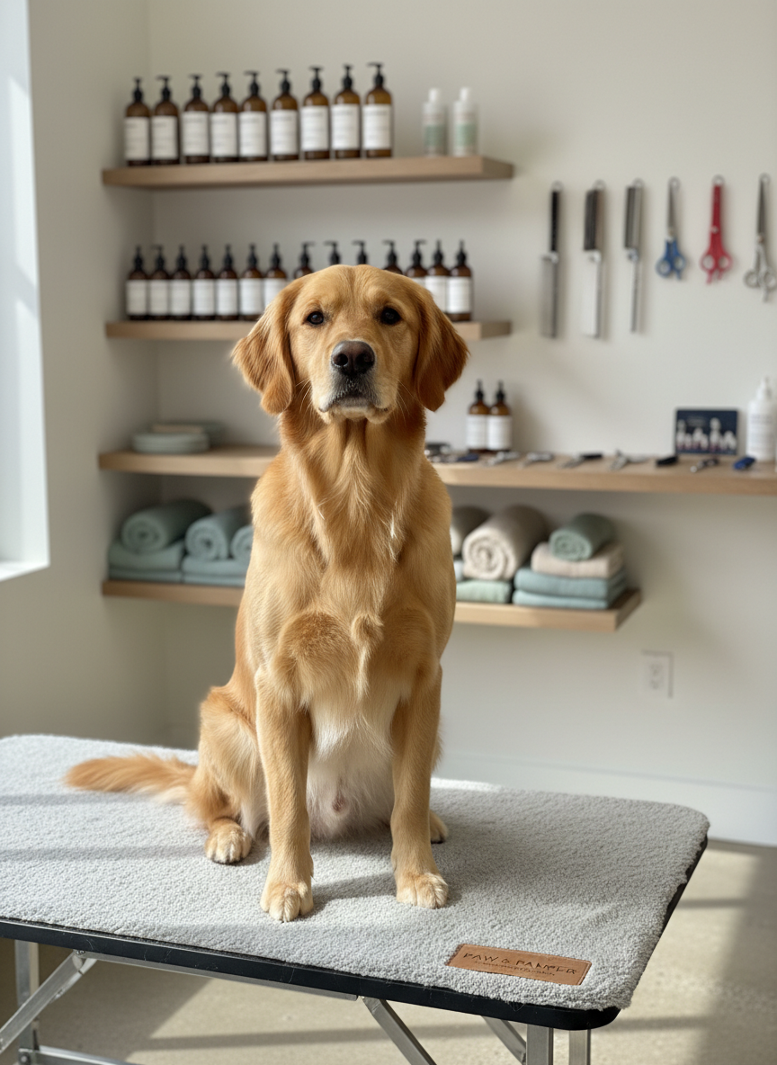 A calm, medium-sized golden retriever with a freshly groomed, silky coat sits on a soft, pale grey, non-slip grooming mat in a spotless, modern grooming studio. The dog’s fur is smooth and neatly trimmed, with a gentle shine that catches the light. In the background, slightly out of focus, are organized shelves with neatly arranged natural shampoos, soft towels in muted tones, and brushed stainless-steel grooming tools. Soft, diffused daylight enters through a large unseen window, creating gentle, natural highlights on the dog’s fur and subtle shadows on the floor. Photographed at eye level with a shallow depth of field and photographic realism, the atmosphere feels stress free, professional, and reassuring, ideal for a dog grooming business homepage.