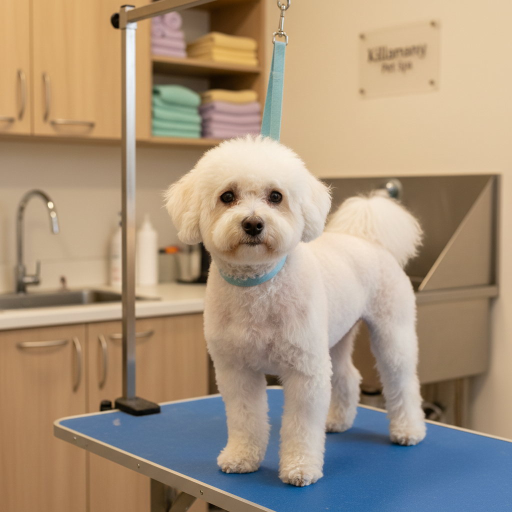 A small, fluffy white Bichon Frise stands comfortably on a padded grooming table, secured by a gentle, well-fitted safety loop that looks soft and non-restrictive. The dog’s fur is half-trimmed, with one side already perfectly rounded and the other side slightly longer, showing a clear before-and-after contrast. The environment is a tidy grooming room with light wood cabinets, neatly folded pastel-colored towels, and a stainless-steel sink in the background, softly blurred. Warm, even studio lighting eliminates harsh shadows and emphasizes the softness and cleanliness of the scene. Captured from a slightly elevated angle in photographic realism, the mood is calm, precise, and professional, highlighting careful, stress free grooming in Killarney.