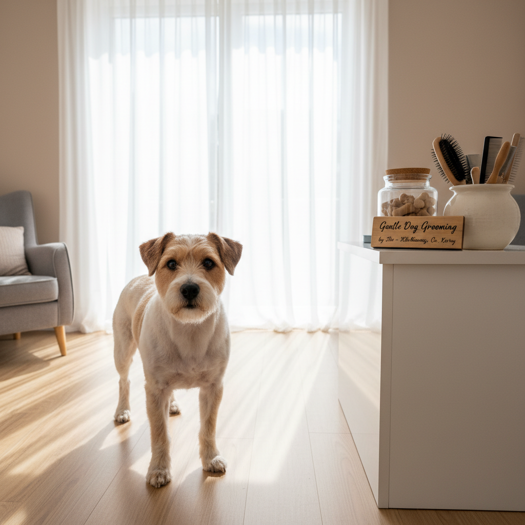 A relaxed, short-haired terrier mix stands on the floor of a welcoming reception area for a home-based grooming studio, its coat freshly clipped and nails neatly trimmed. The terrier faces toward a low, white counter where a small sign reading “Gentle Dog Grooming by Ilse – Killarney, Co. Kerry” is displayed next to a glass jar of dog treats and a tasteful arrangement of grooming brushes in a ceramic pot. The room features light wooden flooring, soft neutral walls, and a large window with sheer curtains letting in diffused daylight that casts gentle, flattering shadows. Photographed in photographic realism from a wide, eye-level perspective, with clear focus throughout, the atmosphere is warm, professional, and inviting, highlighting the small, personal nature of the grooming business.