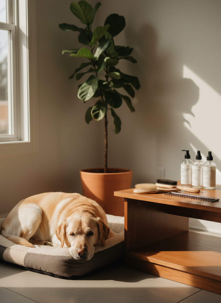 A serene senior Labrador with a greying muzzle lies comfortably on a plush, washable dog bed beside a grooming station, its coat brushed smooth and tangle-free. Nearby, a low, open shelf holds natural-bristle brushes, a wide-toothed comb, and bottles of hypoallergenic shampoo with simple, clean labels. The walls are painted a soft off-white, and a large houseplant in the corner adds a touch of greenery, all slightly out of focus. Gentle afternoon sunlight filters through a window, creating a warm, tranquil glow and soft shadows. Photographed in photographic realism from an eye-level perspective with a moderate depth of field, the image conveys a quiet, stress free, and compassionate grooming environment designed for older or more sensitive dogs.